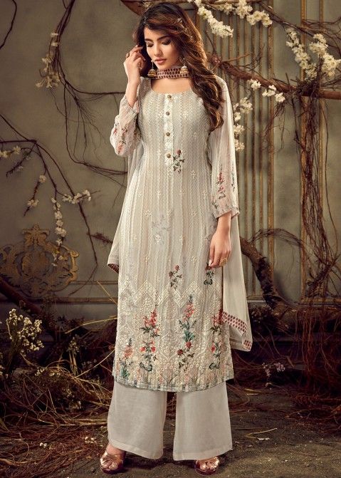 Grey Viscose Embroidered Palazzo Suit