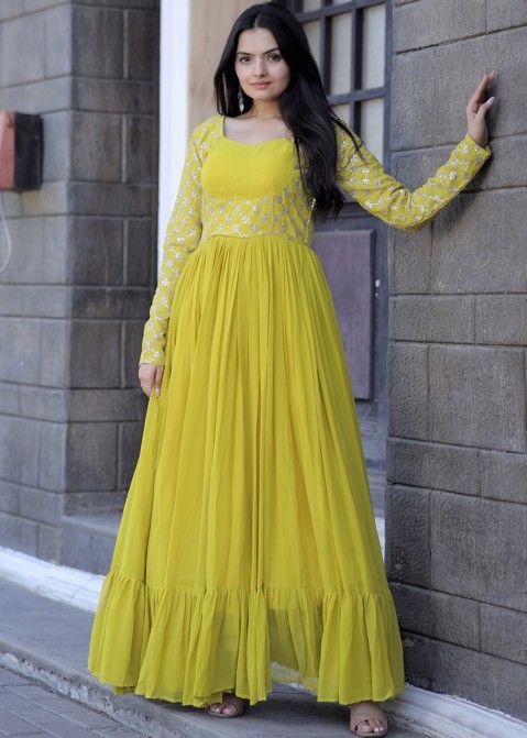 Yellow Embroidered Flared Gown In Georgette