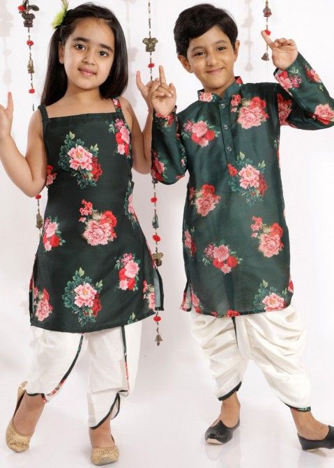 Green Readymade Floral Printed Dhoti Kurta Sibling Set