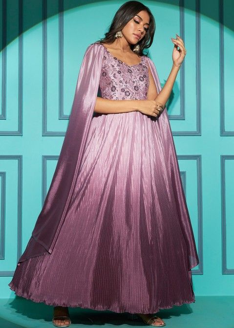 Purple Chiffon Gown In Embroidery