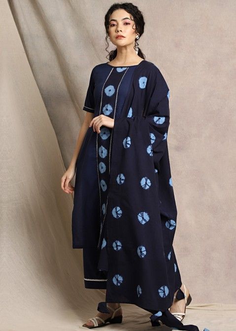 Navy Blue Readymade Pant Suit With Tie Dye Dupatta