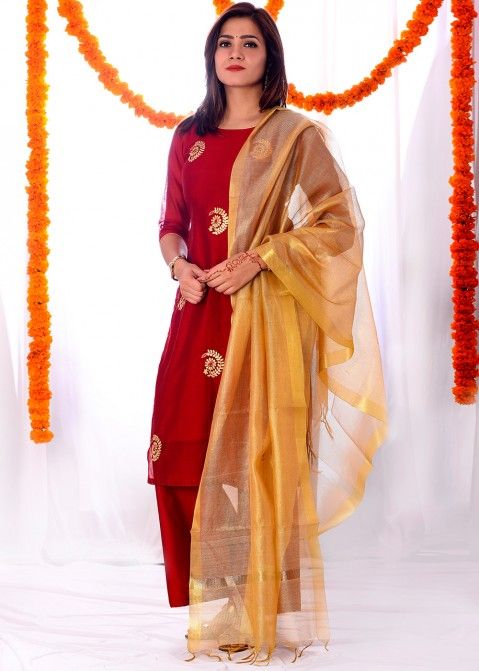 Chanderi Suit With Red Dupatta | Ambraee
