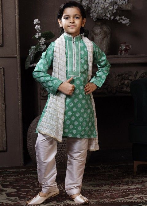 Kids Ethnic Wear: Readymade Green Kids Cotton Kurta Pajama Set