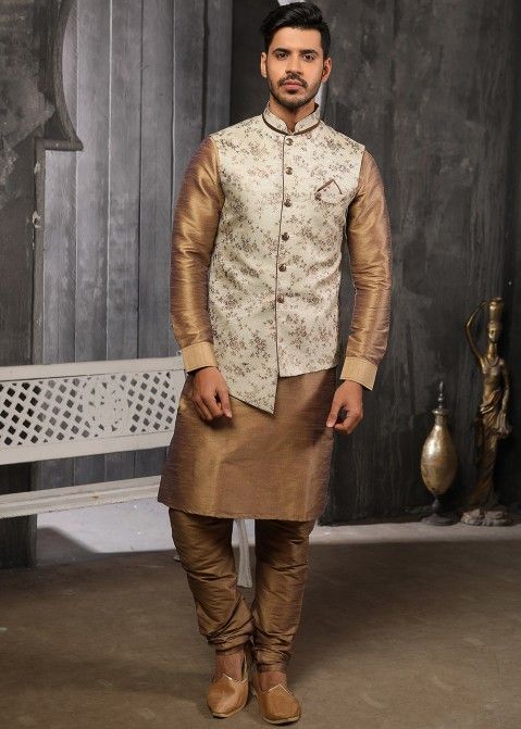 Buy Golden Readymade Art Silk Wedding Kurta Pajama With Nehru Jacket
