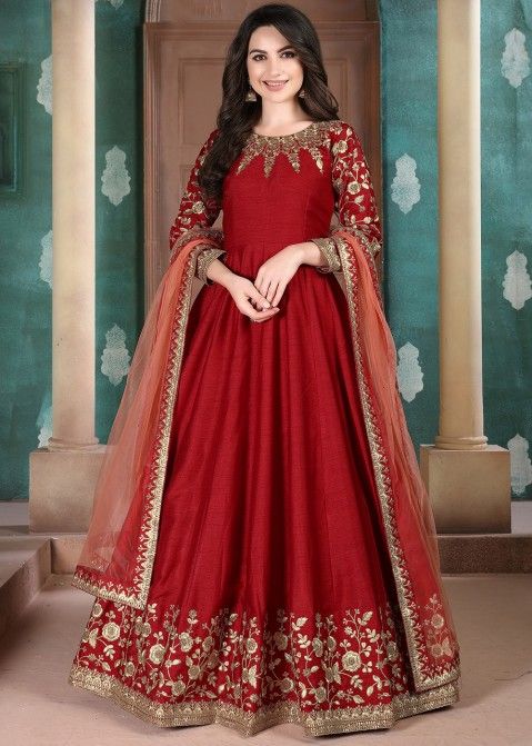 Shop Red Embroidered Bridal Anarkali Suit With Dupatta USA Online Panash India