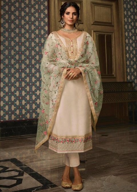Cream Pant Salwar Suit With Floral Embroidered Dupatta