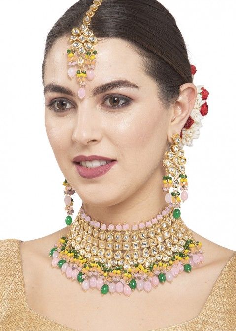 Pearls And Kundan Studded Pink Bridal Choker Necklace Set