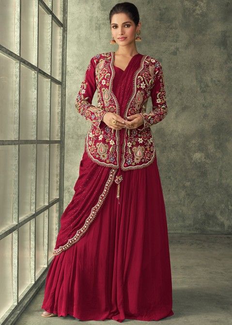Cramine Red Gown & Embroidered Jacket