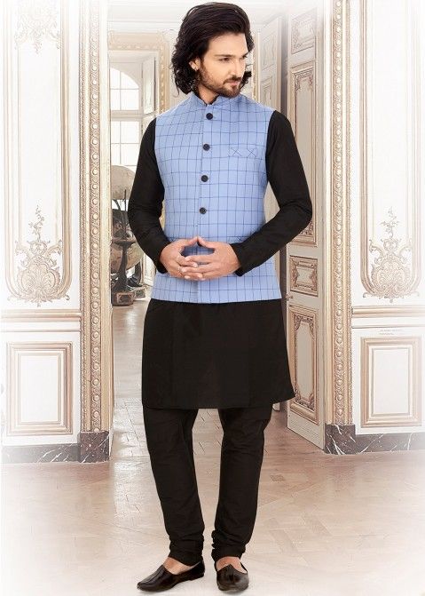 Rayon Readymade Checkered Blue Designer Nehru Jacket 