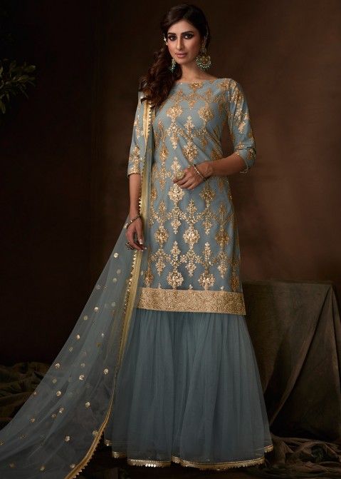 Blue Sequins Embellished Net Paksitani Gharara Suit
