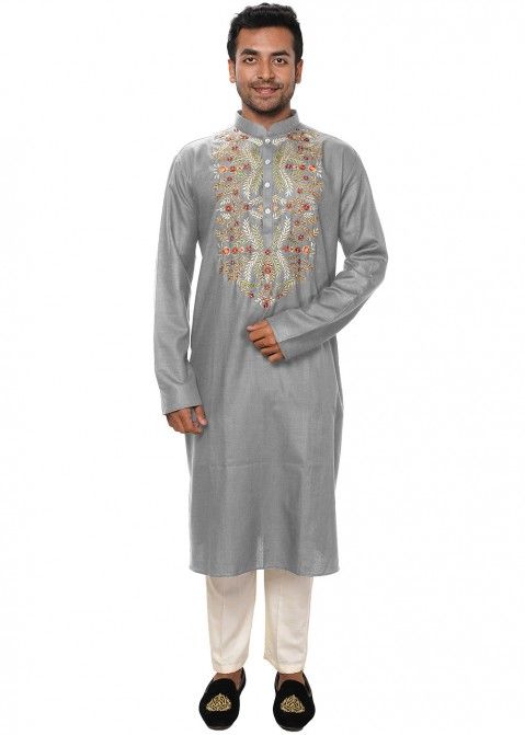 Grey Embroidered Readymade Kurta Pyjama for Men Online Shopping USA