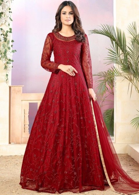 Red Net Embroidered Anarkali Suit With Dupatta