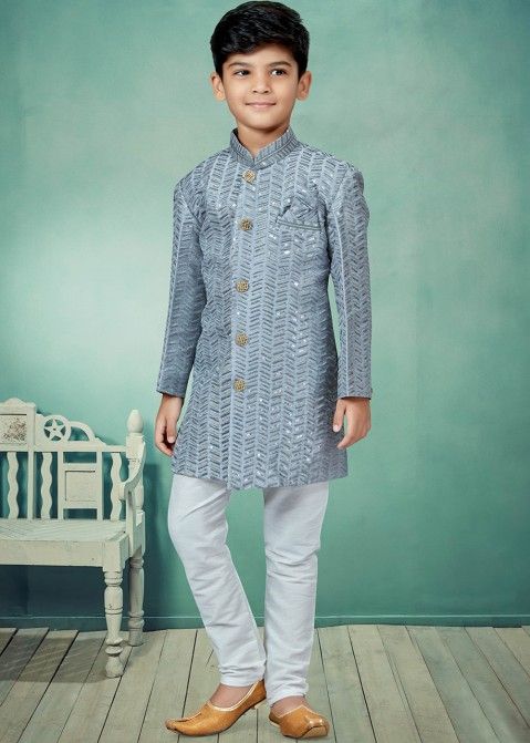 Grey Readymade Embroidered Kids Indo Western