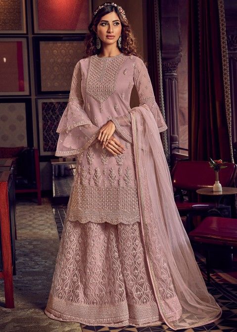 Pink Net Embroidered Bell Sleeved Sharara Suit