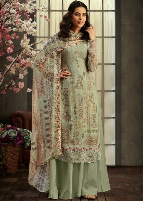 Green Floral Digital Printed Viscose Palazzo Suit With Dupatta