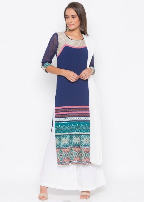 Blue Readymade Straight Cut Printed Border Palazzo Suit