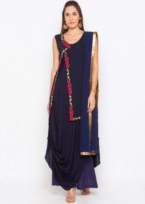 Navy Blue Readymade Layered Cowl Style Palazzo Suit