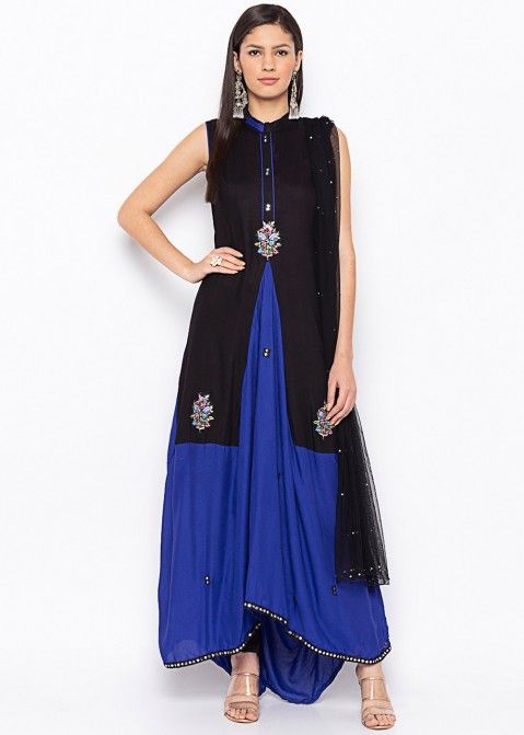 Black and Blue Asymmetric Readymade Pant Salwar Suit