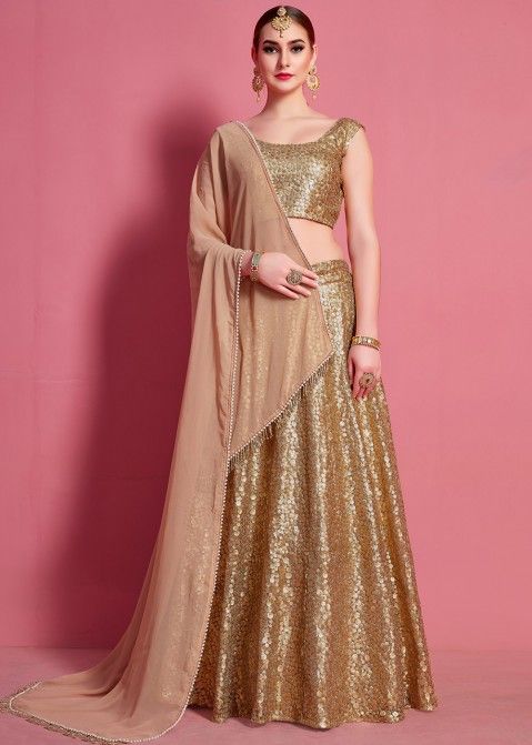 Golden Tiered Georgette Lehenga With Embroidered Choli 2431LG02