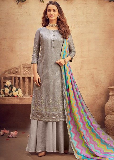 Grey Viscose Embroidered Palazzo Suit With Dupatta