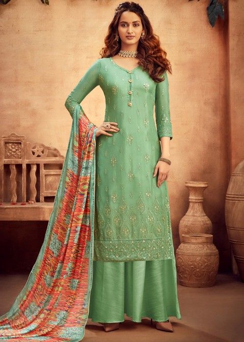 Green Viscose Embroidered Palazzo Suit With Dupatta
