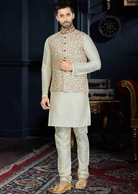 Readymade Off White Art Silk Kurta Set With Nehru Jacket Most Loved ...