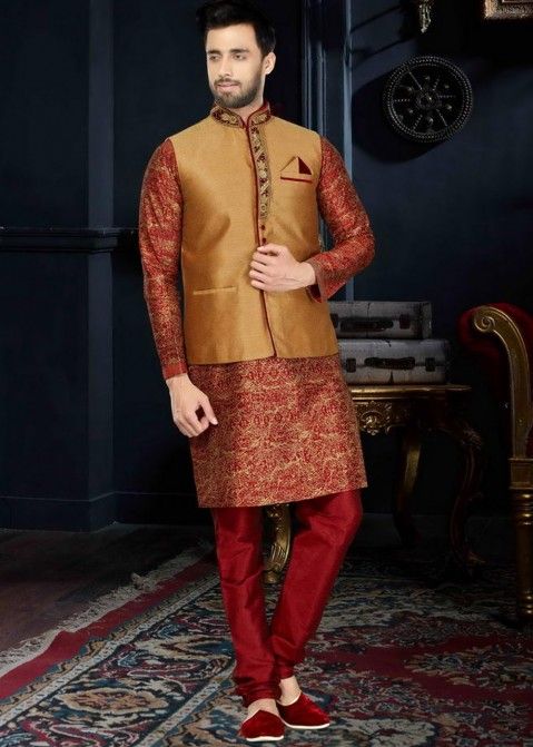 Buy Readymade Red Art Silk Kurta Pajama for Mens With Nehru Jacket Online USA