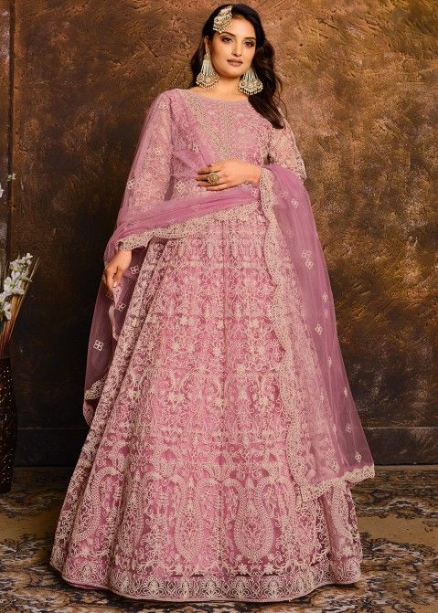 Anarkali Suit Silk  Net Plum Pink Salwar Kameez  Shoubhitsfashion