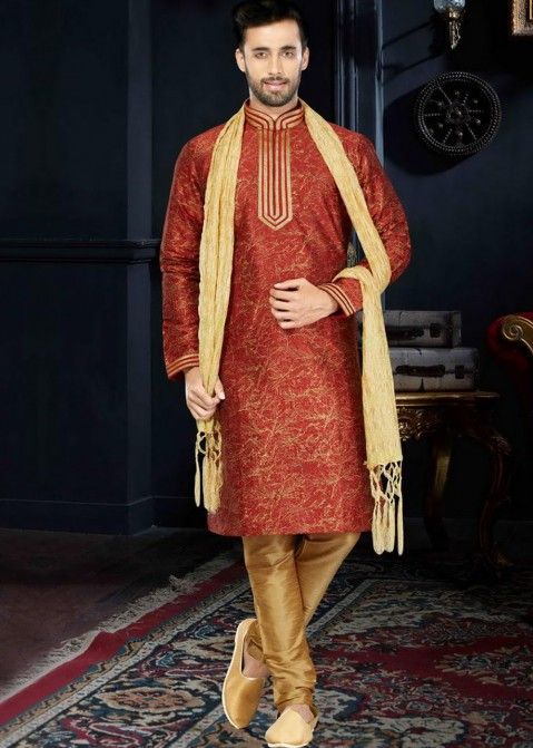 Buy Readymade Red Printed Cotton Silk Mens Kurta Pajama Set Online in USA