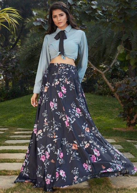 Multicolour Floral Print Long Skirt And Crop Top Set