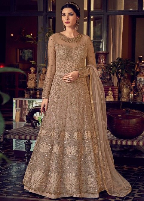 Abaya Style Embroidered Net Kameez In Beige