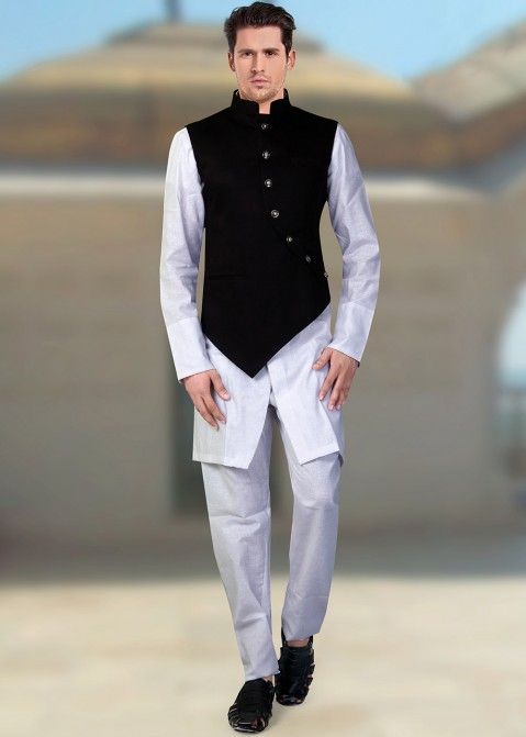 Readymade Rayon Black Asymmetric Nehru Jacket for Men Online Shopping