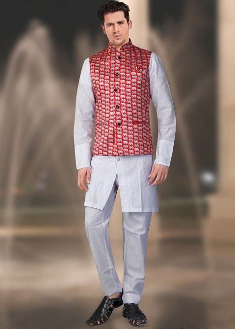 Red Readymade Art Silk Printed Nehru Jacket for Men Online Shopping USA