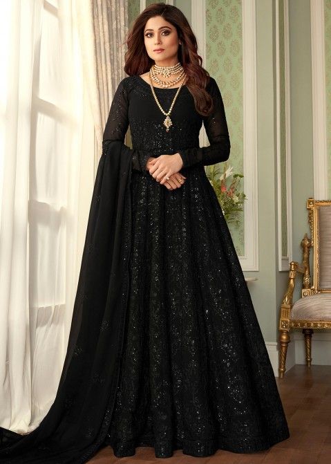 Shamita Shetty Black Embroidered Anarkali Suit With Dupatta