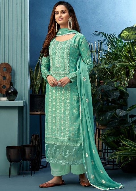 Turquoise Printed Palazzo Suit With Dupatta