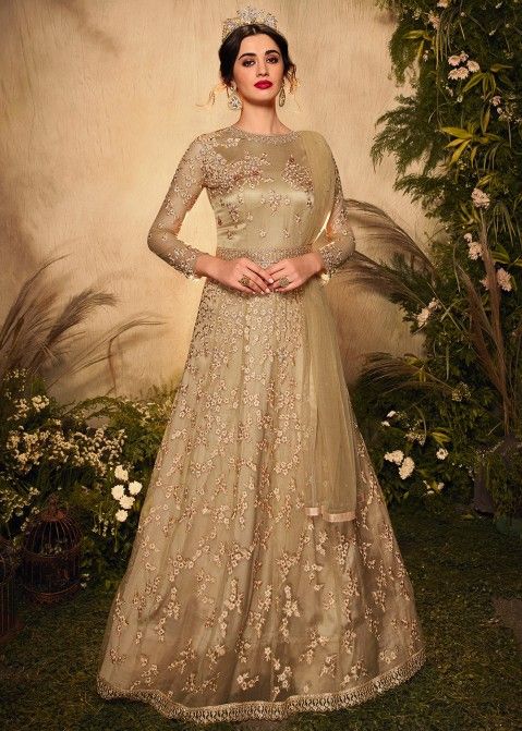 Designer Beige Color Ethnic Wear Embroidered Anarkali Dress In Net Fabric  in Surat at best price by Maisha Fashion - Justdial