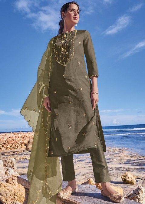 Embroidered Green Straight Cut Suit & Trouser