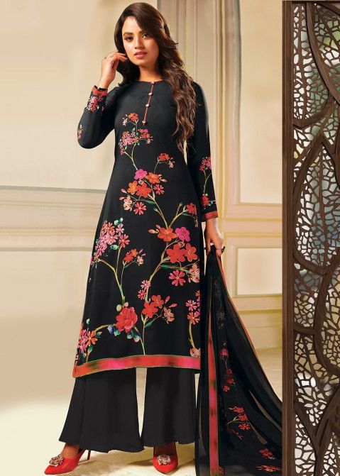 Black Floral Printed Palazzo Suit With Dupatta
