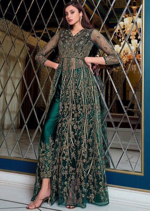 Green Embroidered Net Slit Style Pant Salwar Suit