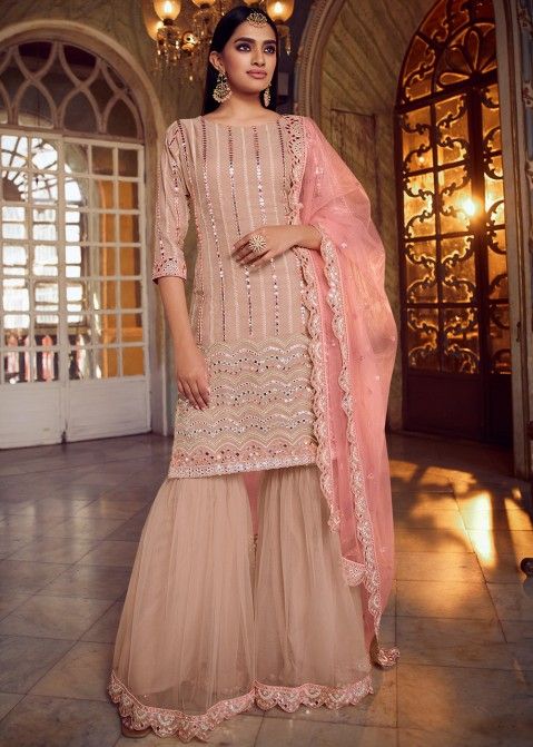 Women Fancy Sequence Work With Latkan Lace Border Sharara Suit Set