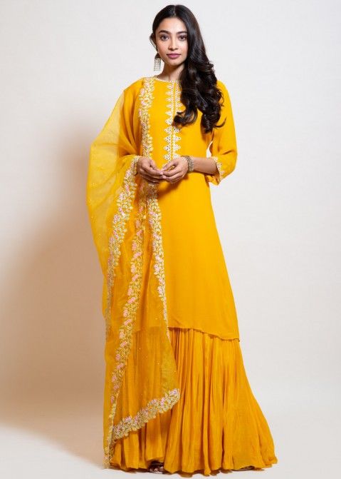 Yellow Readymade Twin Layered Suit With Dupatta