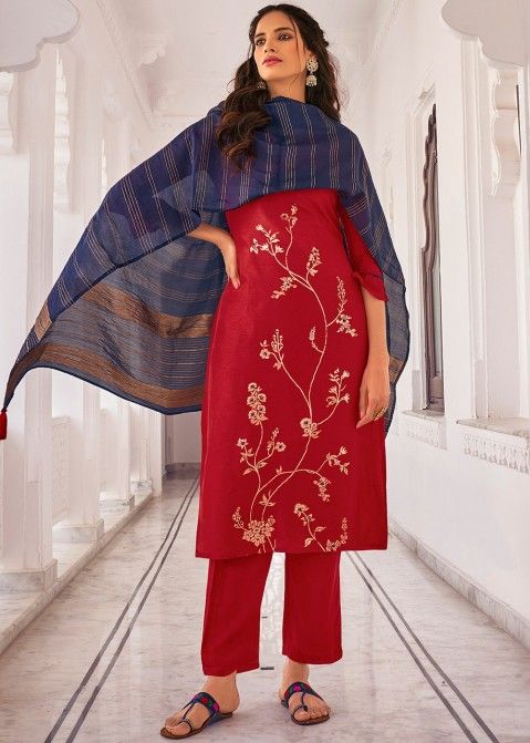 Red Handwork Readymade Pant Suit With Dupatta