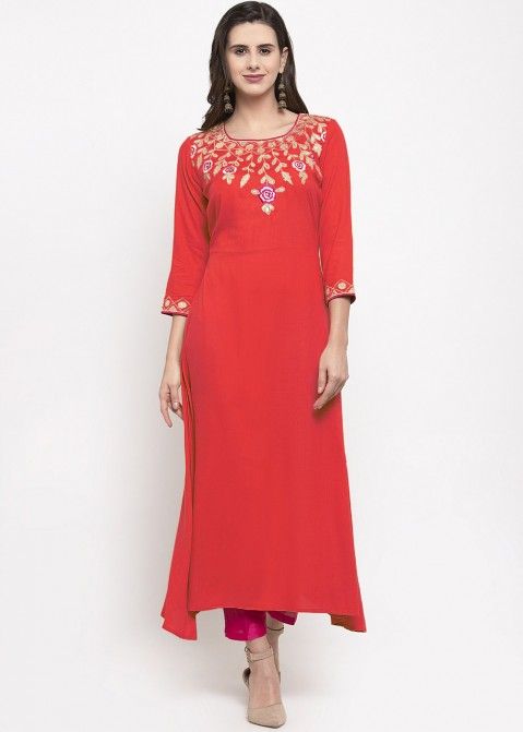 Red Embroidered Asymmetric Long Kurta With Pant