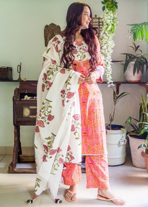 Printed Peach Suit With Floral Dupatta