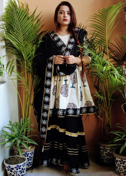 Off White Readymade Printed Sharara Suit
