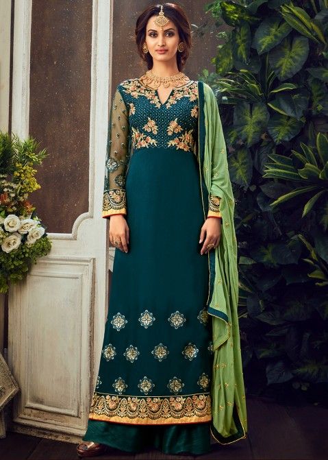 Green Embroidered Palazzo Suit With Dupatta