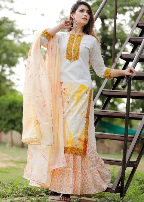 White Printed Sharara With Readymade Cotton Suit