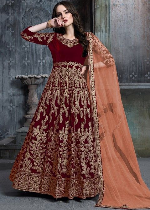 Gown Style Bridal Anarkali Suits Floral Embroidery Work Salwar Suit – Lady  India