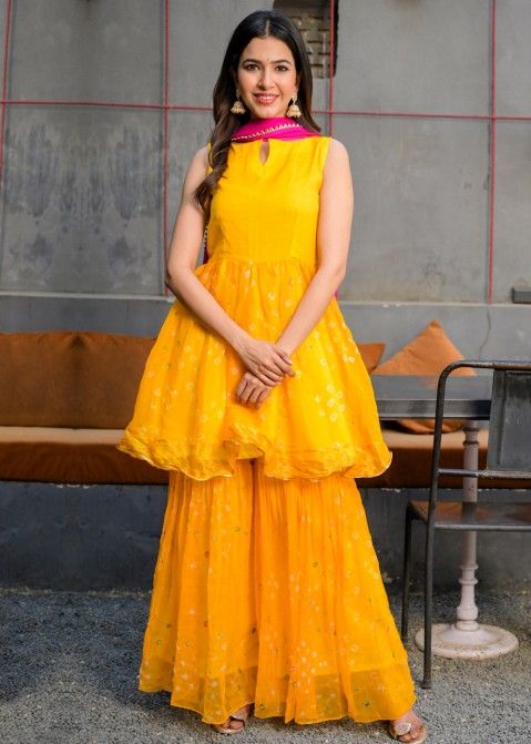 Yellow Readymade Bandhej Sharara Suit In Chiffon