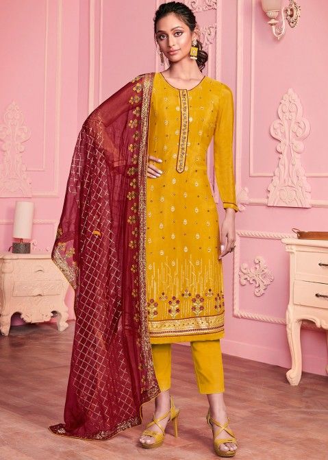 Mustard & Pink Designer Embroidered Georgette Palazzo Suit | Saira's  Boutique